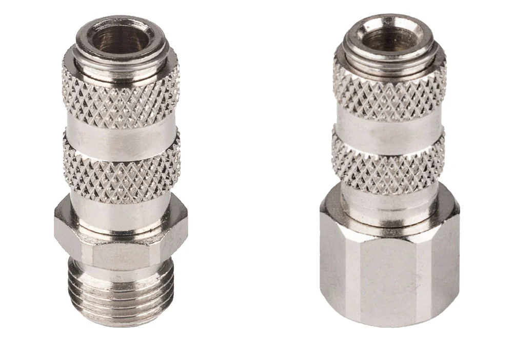 Miniatur-Schnellkupplungssteckdose für Luft mit Ventil DN2,7, mit Gewinde, vernickeltes Messing, 16 bar