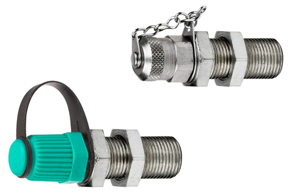 Messanschluss M16x2 Schottverschraubung mit Metall- oder Kunststoffkappe und DIN 2353 Anschluss für Rohre, 24° Kegel.