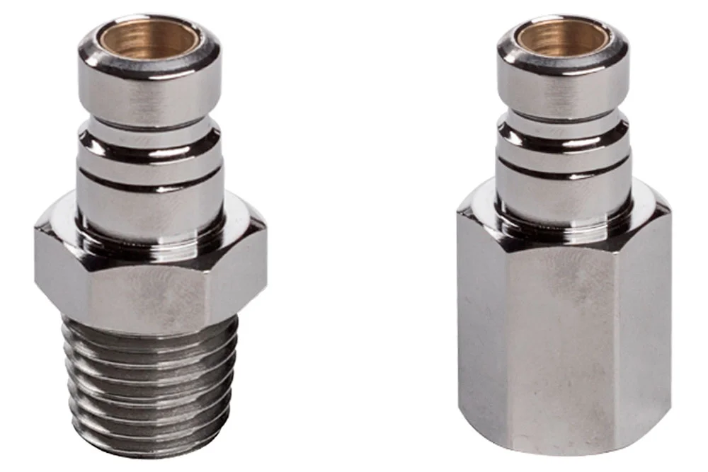 Schnellkupplungsstecker DN9,5 mit Ventil, mit Gewinde, verchromtes Messing, Serie 1800N