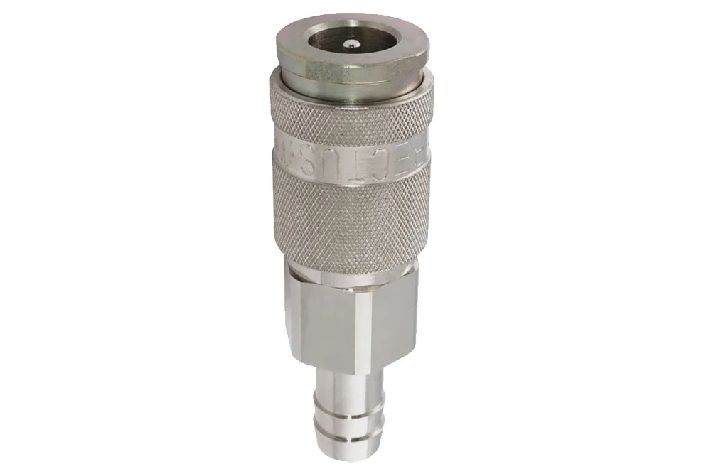 Schnellkupplungssteckdose DN12 beidseitig absperrend, mit Schlauchanschluss, vernickeltes Messing, Serie 57KB